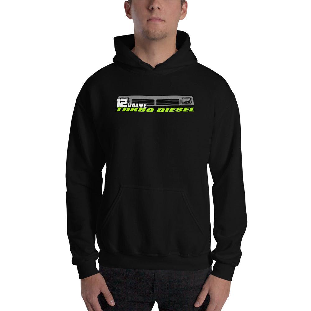 First Gen 12 Valve Diesel Truck Hoodie Sweatshirt modeled in black
