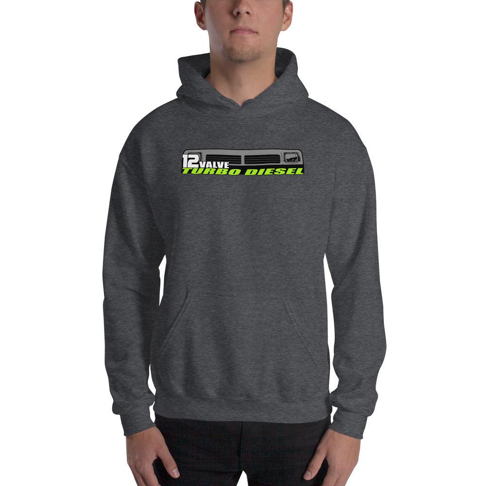 First Gen 12 Valve Diesel Truck Hoodie Sweatshirt modeled in grey