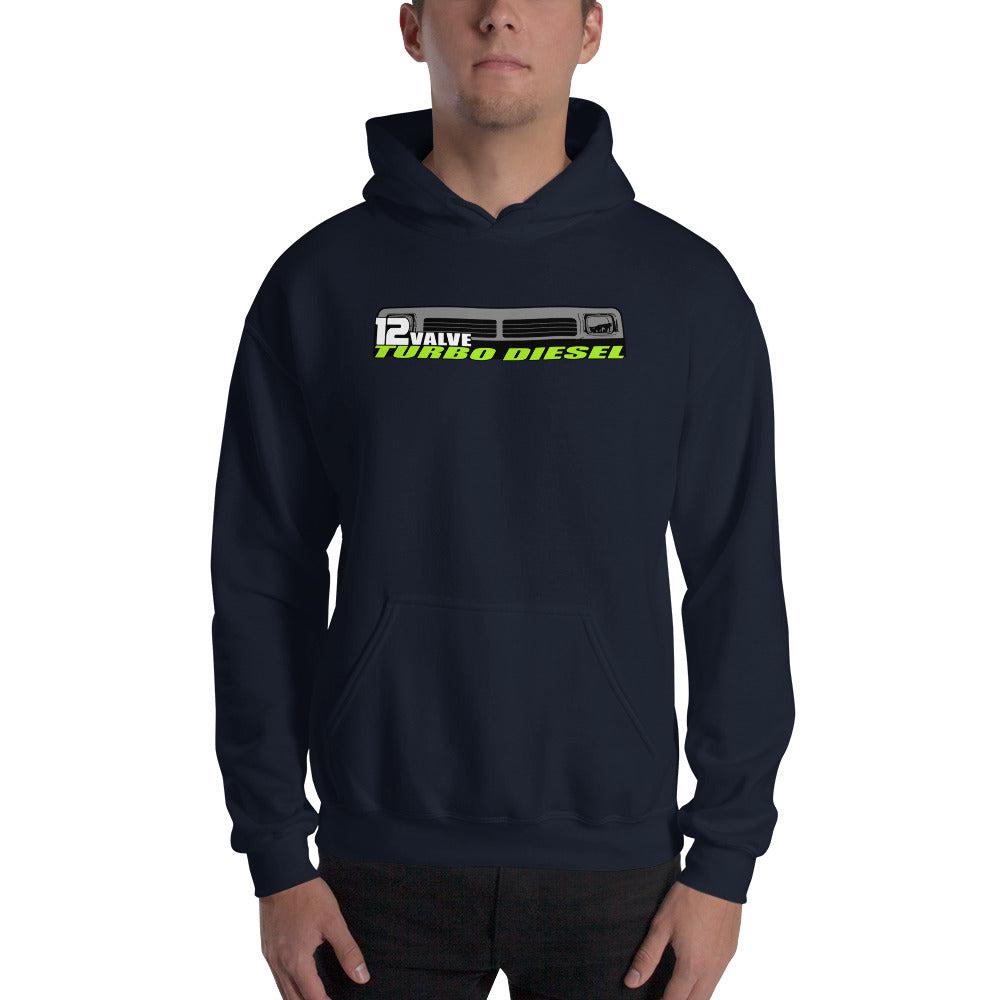 First Gen 12 Valve Diesel Truck Hoodie Sweatshirt modeled in navy