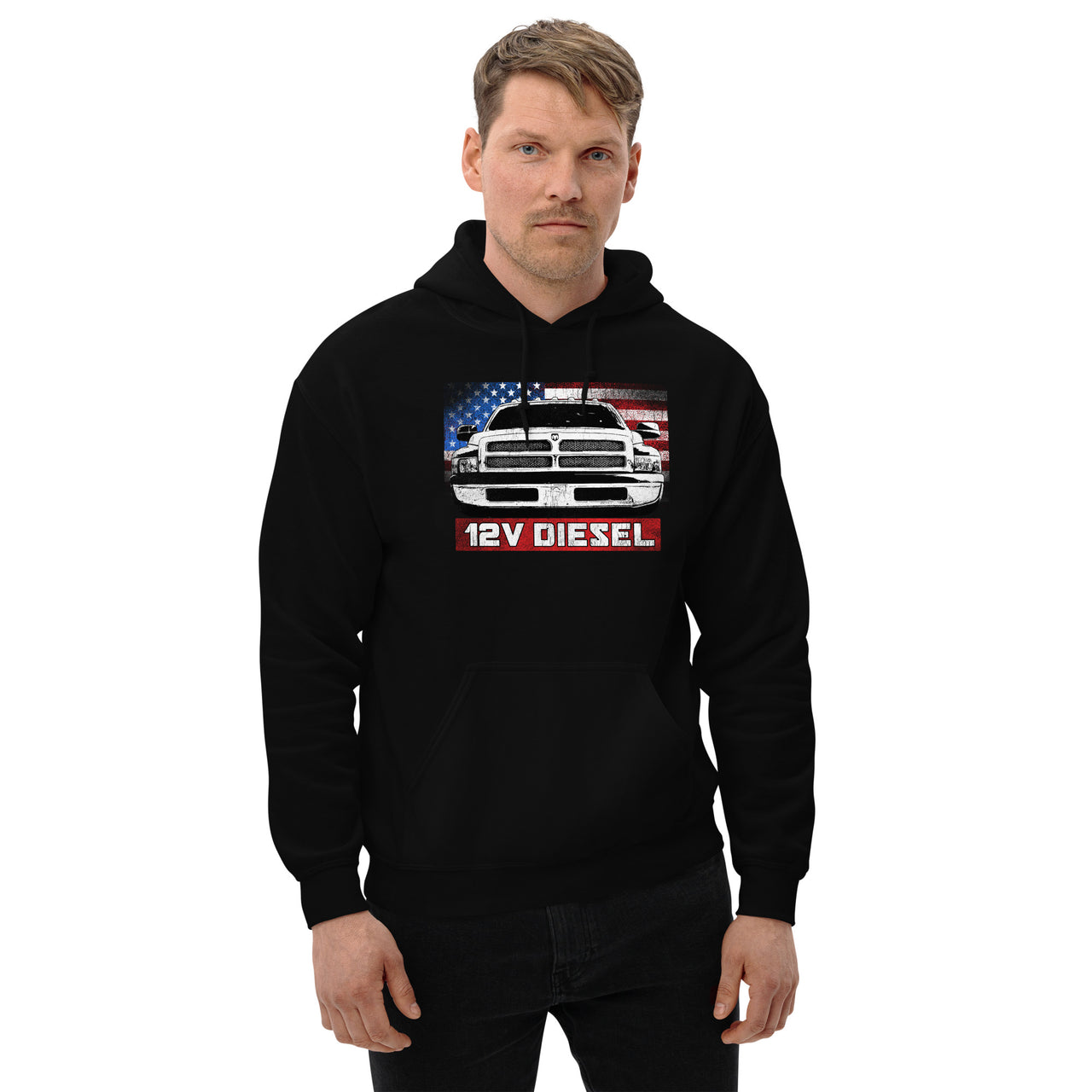 12v 5.9 2nd Gen Truck Hoodie modeled in black
