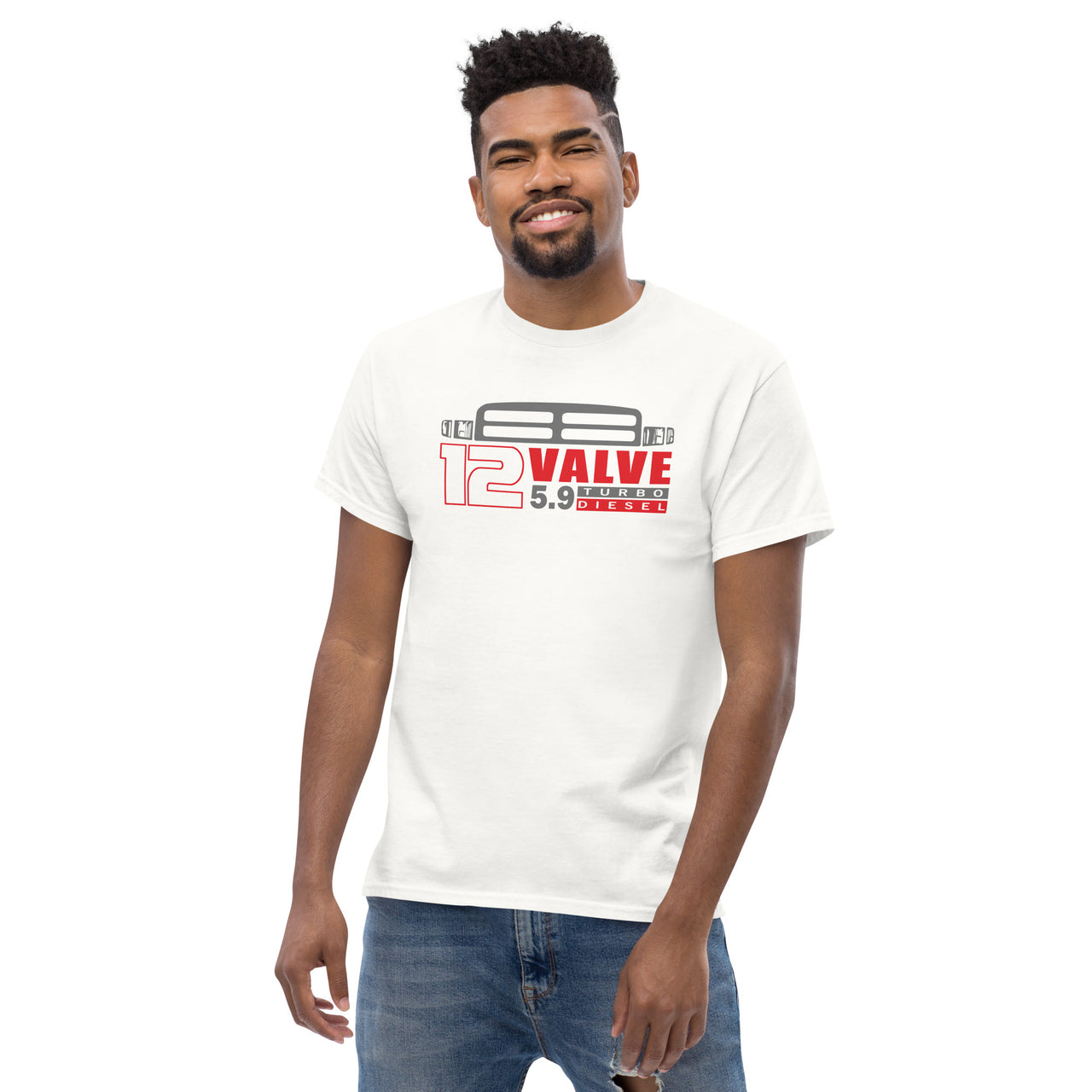 Second Gen Grille 12v 5.9 Diesel T-Shirt modeled in white