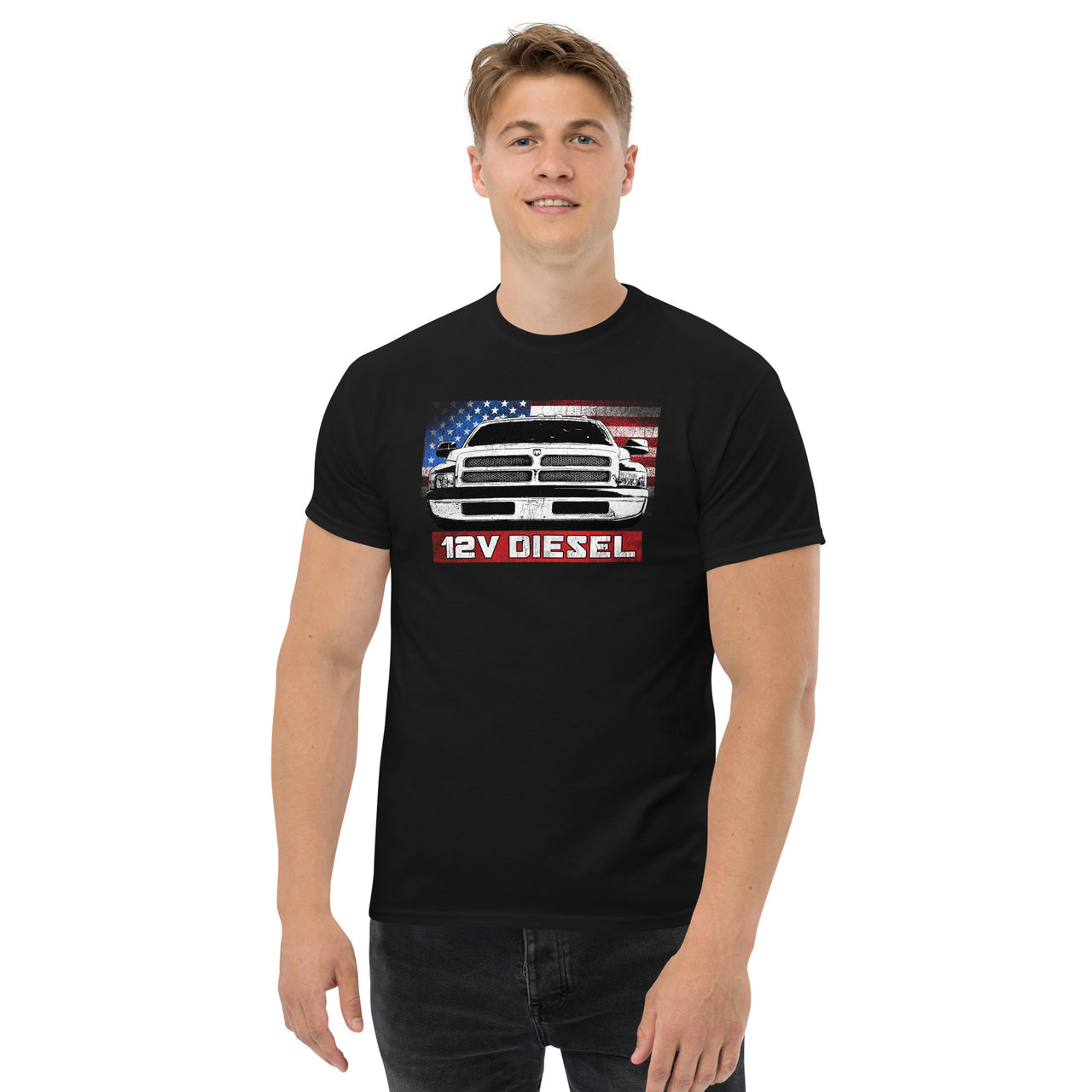 12v Diesel 2nd Gen Truck T-Shirt modeled in black