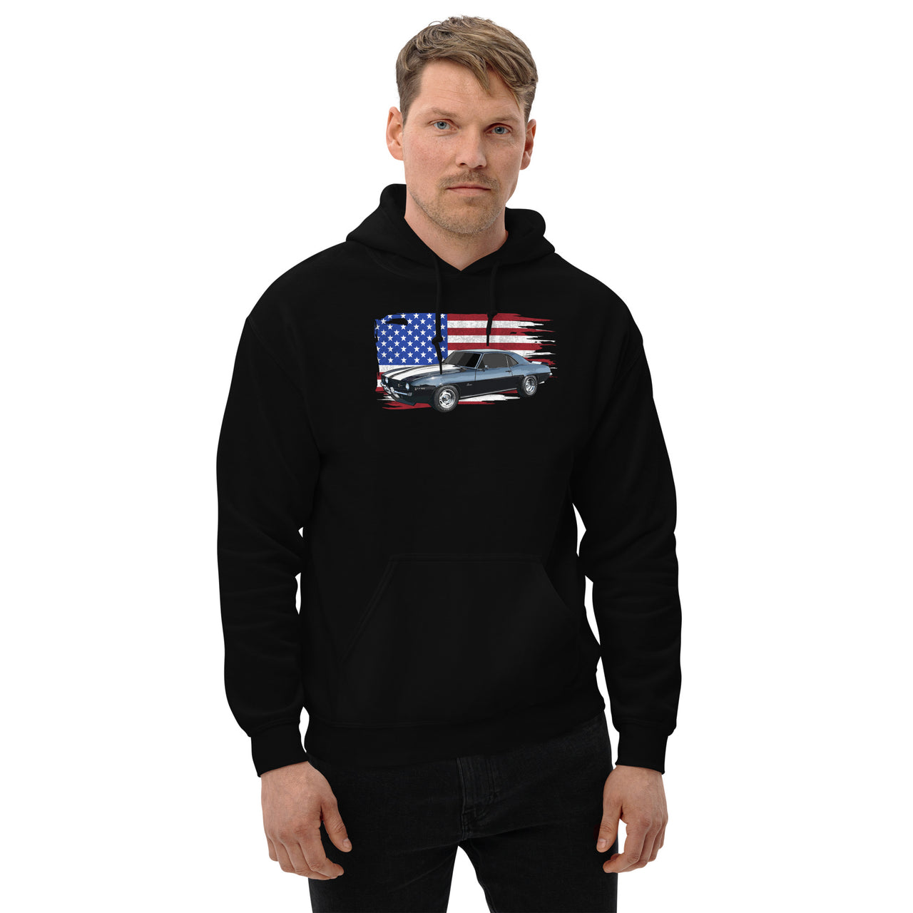 69 Camaro Hoodie With American Flag Background-In-White-From Aggressive Thread