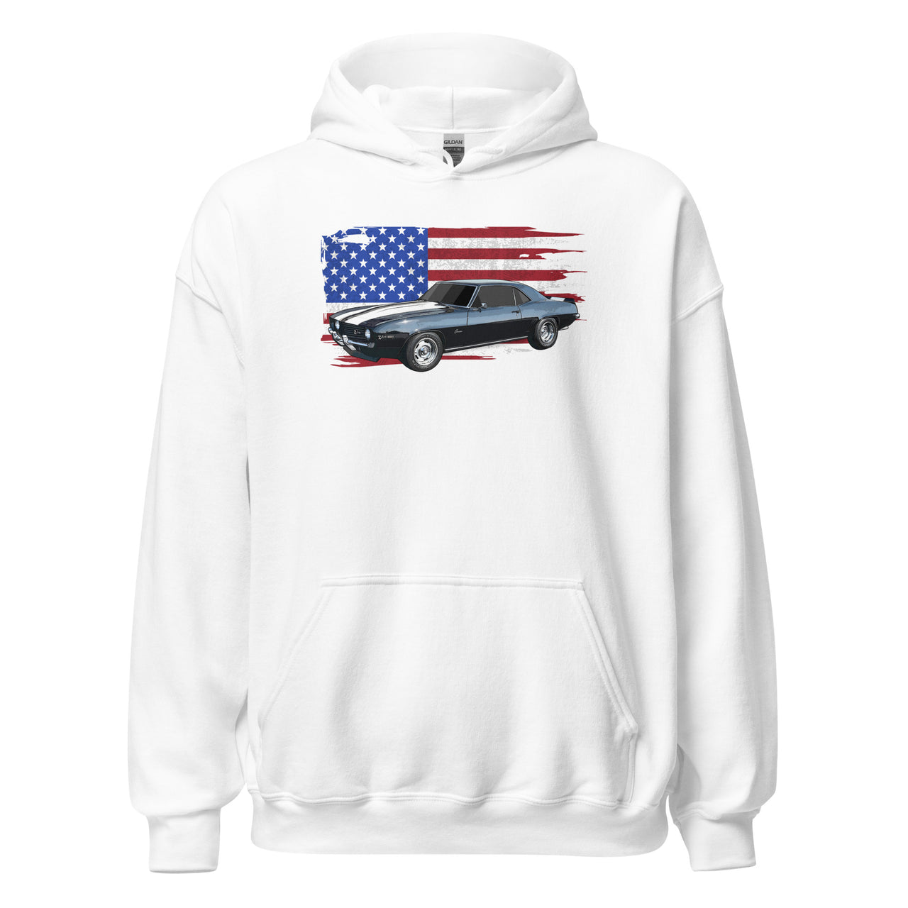 69 Camaro Hoodie With American Flag Background-In-White-From Aggressive Thread