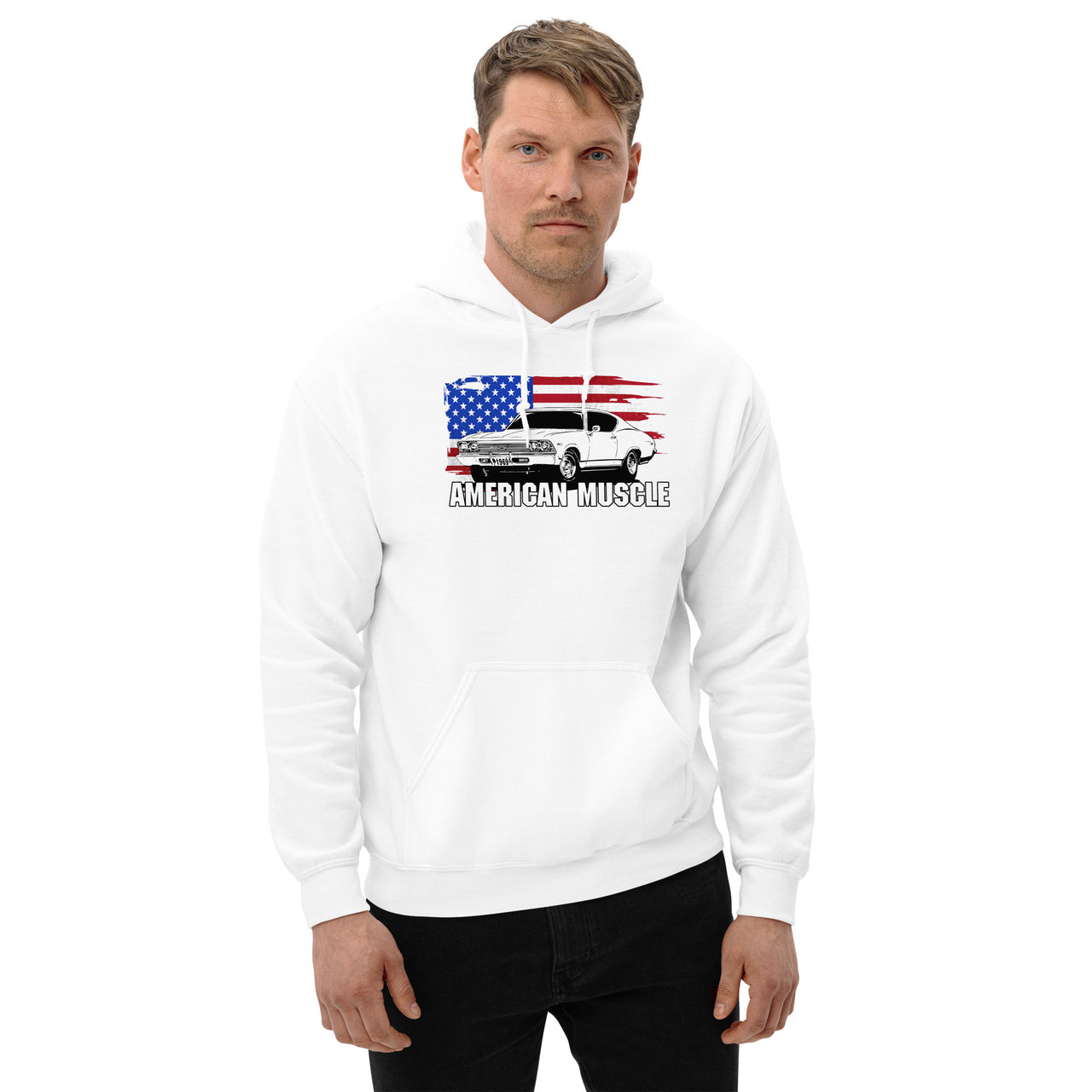 1969 Chevelle Car Hoodie Sweatshirt modeled in white