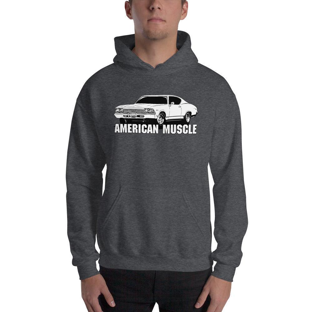 man modeling a 1969 Chevelle Hoodie Sweatshirt in grey