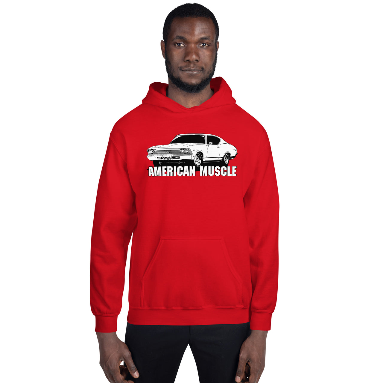 man modeling a 1969 Chevelle Hoodie Sweatshirt in red