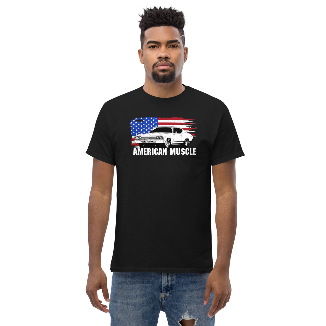 1969 Chevelle Car T-Shirt modeled in black