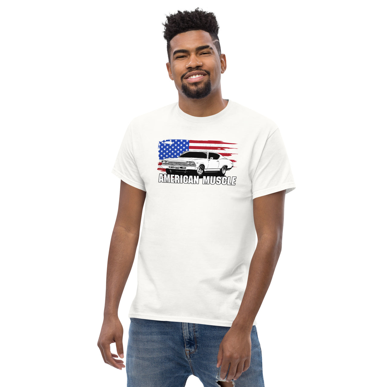 1969 Chevelle Car T-Shirt modeled in white