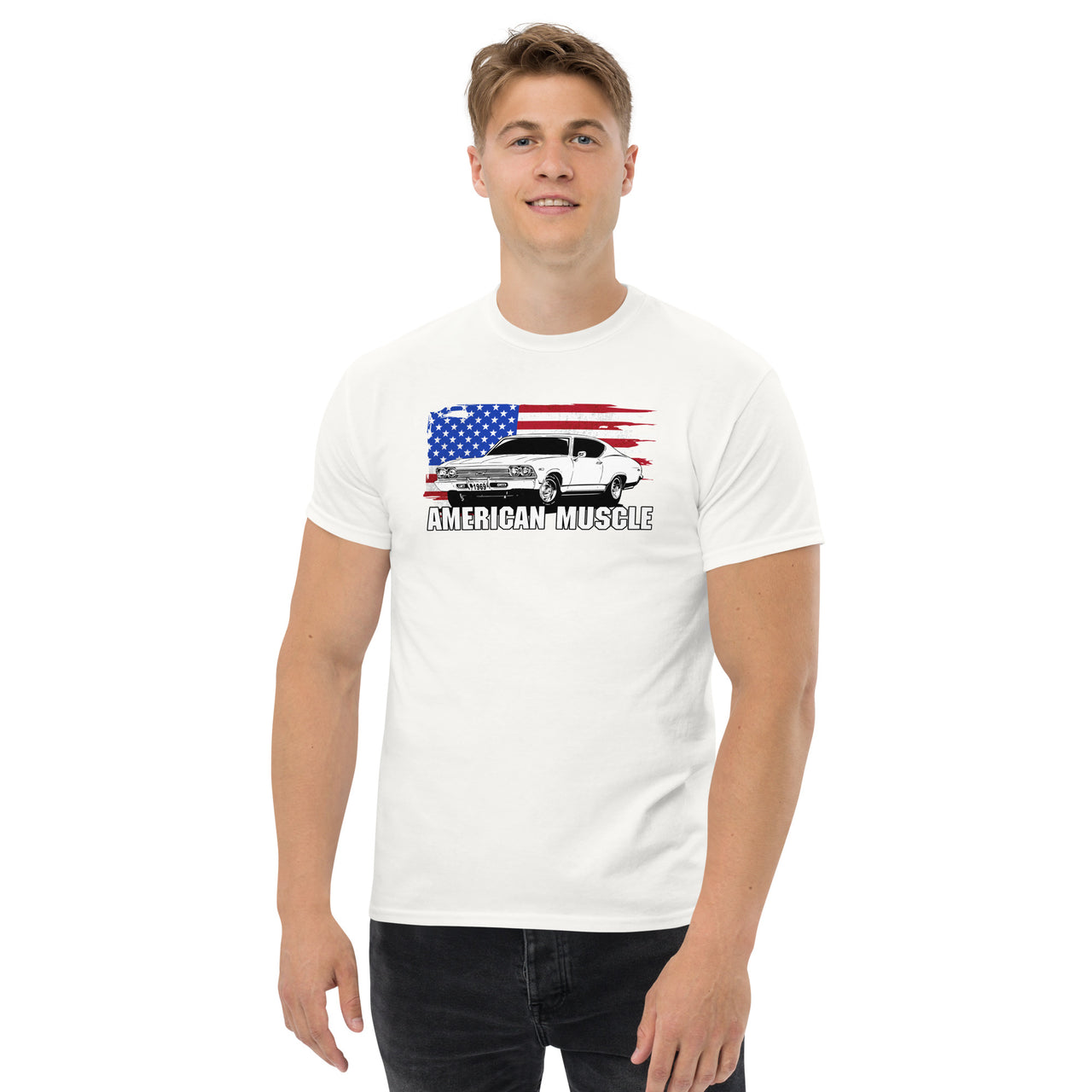 1969 Chevelle Car T-Shirt modeled in white