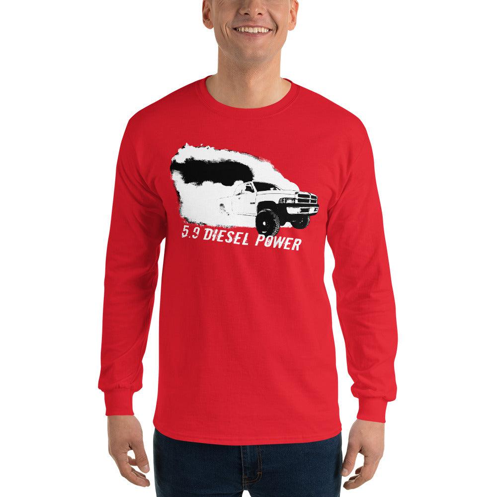 2nd Gen diesel Burnout Rolling Coal Long Sleeve modeled in red
