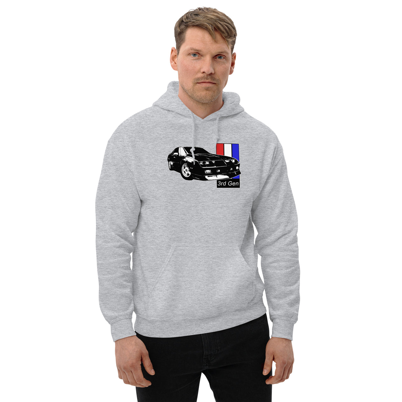 3rd Gen Camaro Hoodie Sweatshirt modeled in sport grey