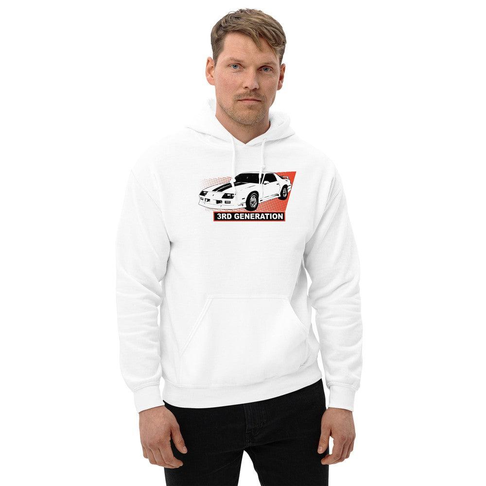 3rd Gen Camaro Hoodie modeled in white