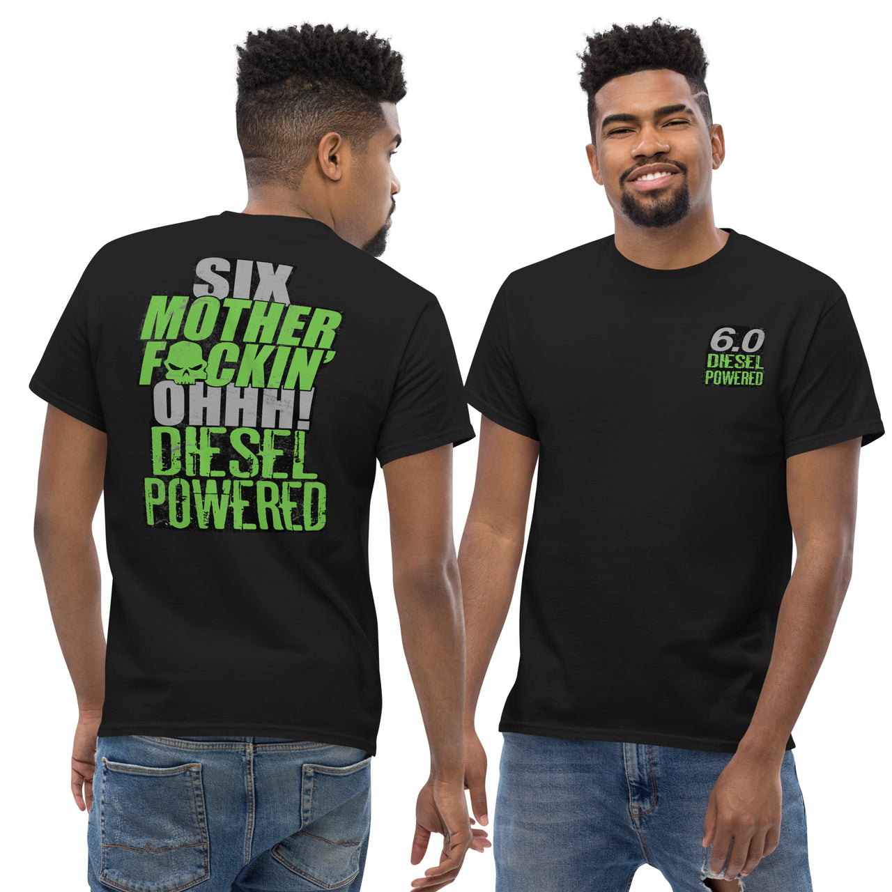 6.0 MFN Powerstroke Diesel T-Shirt modeled in black view 2
