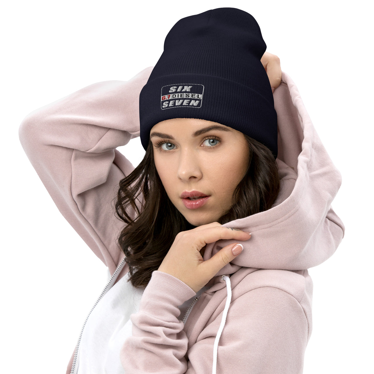 6.7 Powerstroke Hat Winter Cuffed Beanie modeled in navy