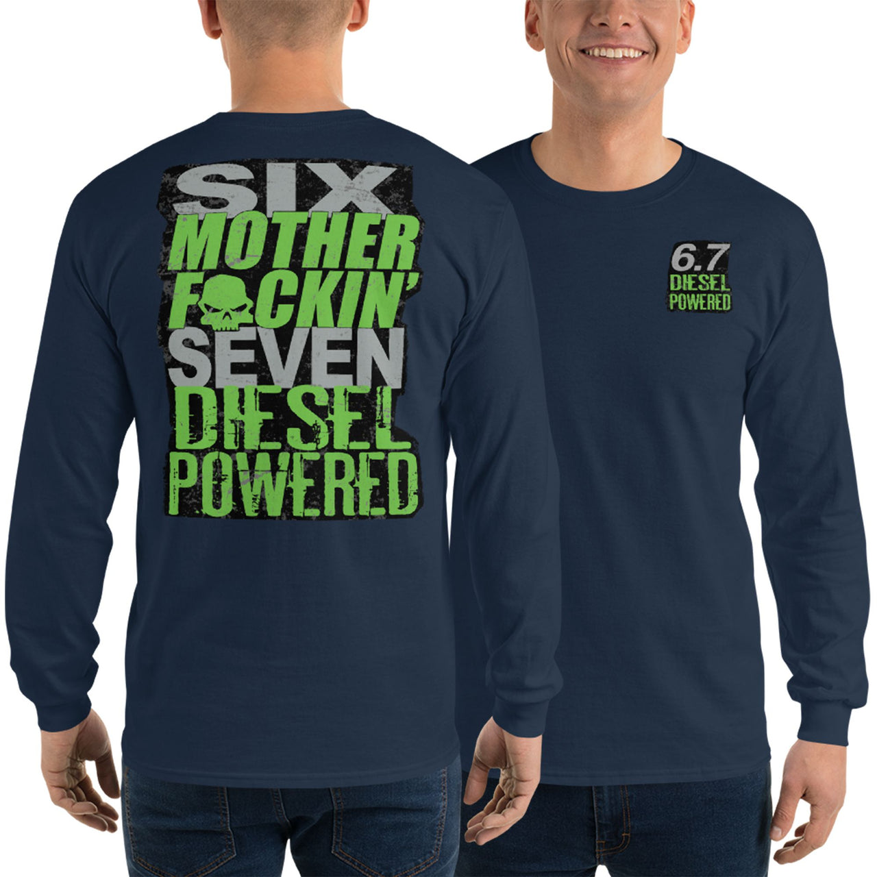 6.7 Powerstroke or ram diesel truck long sleeve shirt modeled in navy