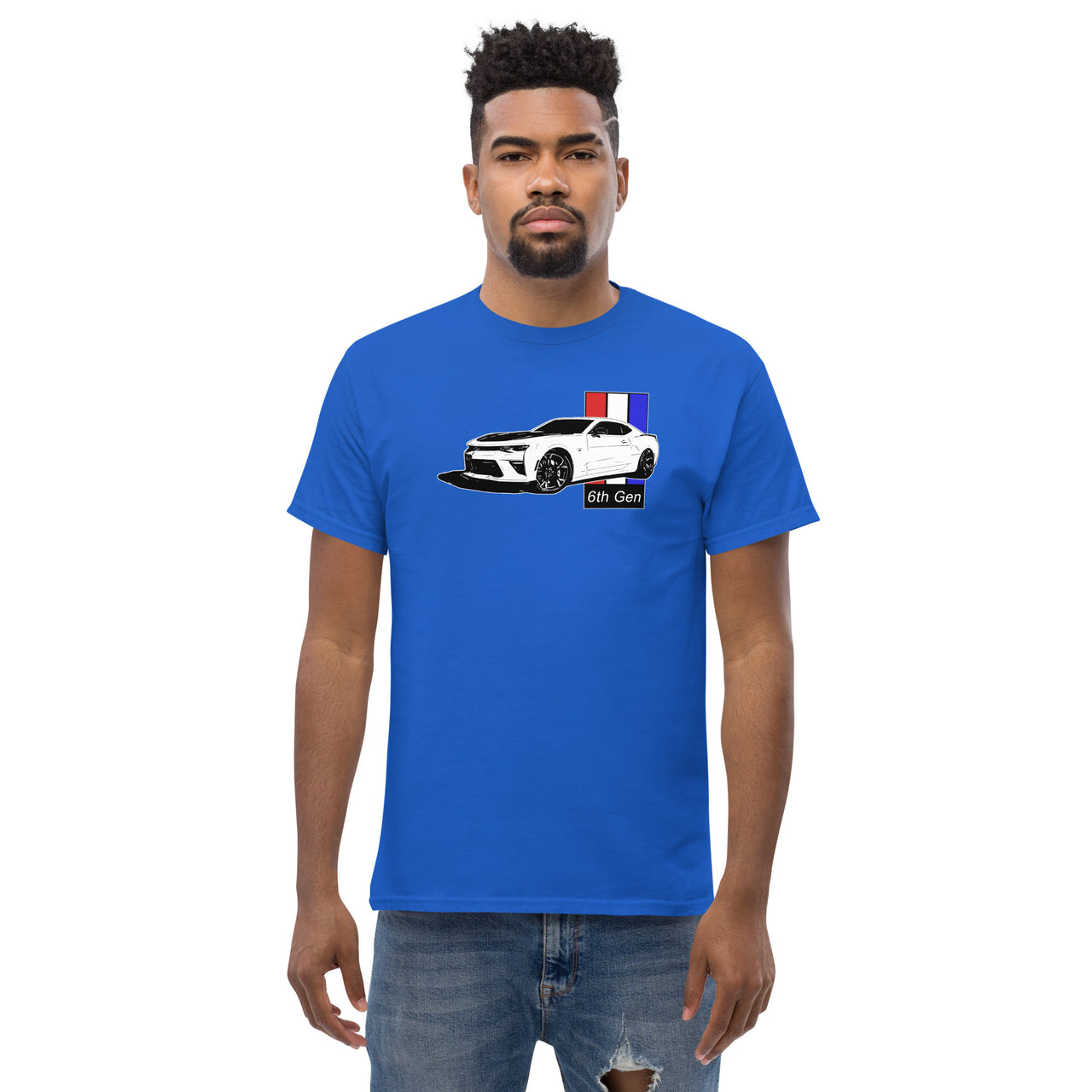 6th Gen Camaro T-Shirt modeled in blue