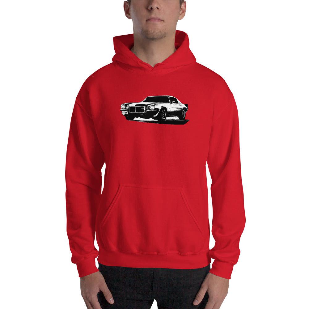 73 camaro hoodie modeled in red