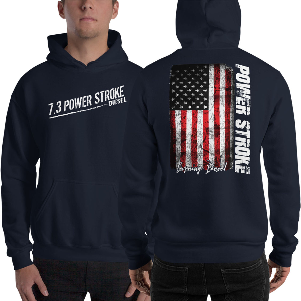 7.3 Power Stroke Diesel Hoodie, American Flag Sweatshirt modeled in navy
