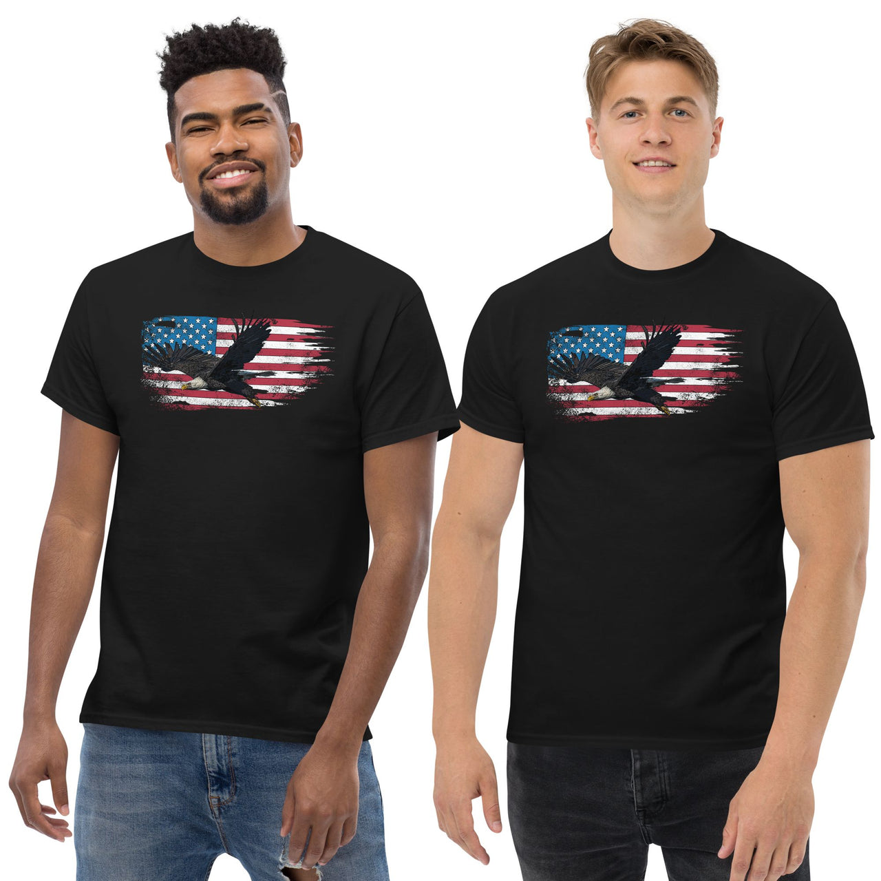Patriotic American Flag Bald Eagle T-Shirt modeled in black