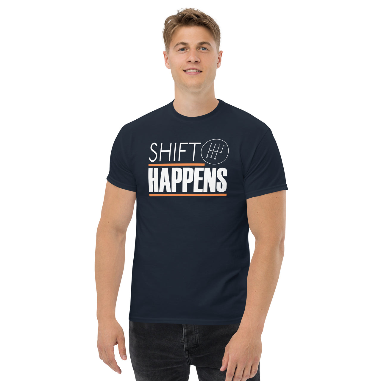 Car Enthusiast T-Shirt, Shift Happens Shirt, Manual Transmission Tee modeled in navy