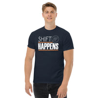 Thumbnail for Car Enthusiast T-Shirt, Shift Happens Shirt, Manual Transmission Tee modeled in navy