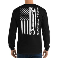 Thumbnail for Diesel Mechanic American Flag Long Sleeve T-Shirt modeled in black back view