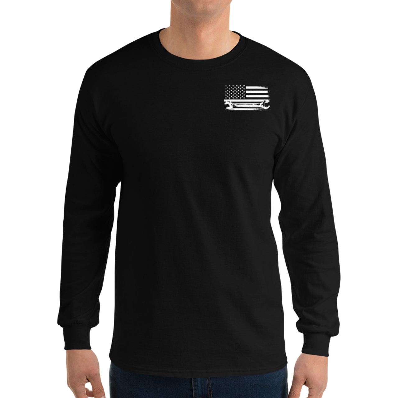 Diesel Mechanic American Flag Long Sleeve T-Shirt modeled in black front view