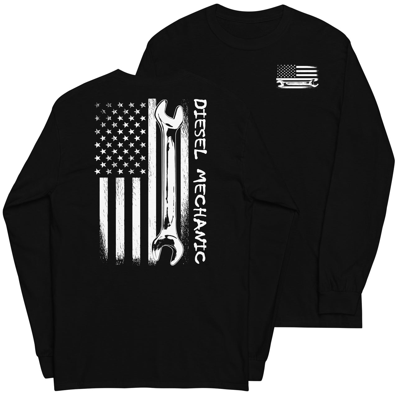 Diesel Mechanic American Flag Long Sleeve T-Shirt in black