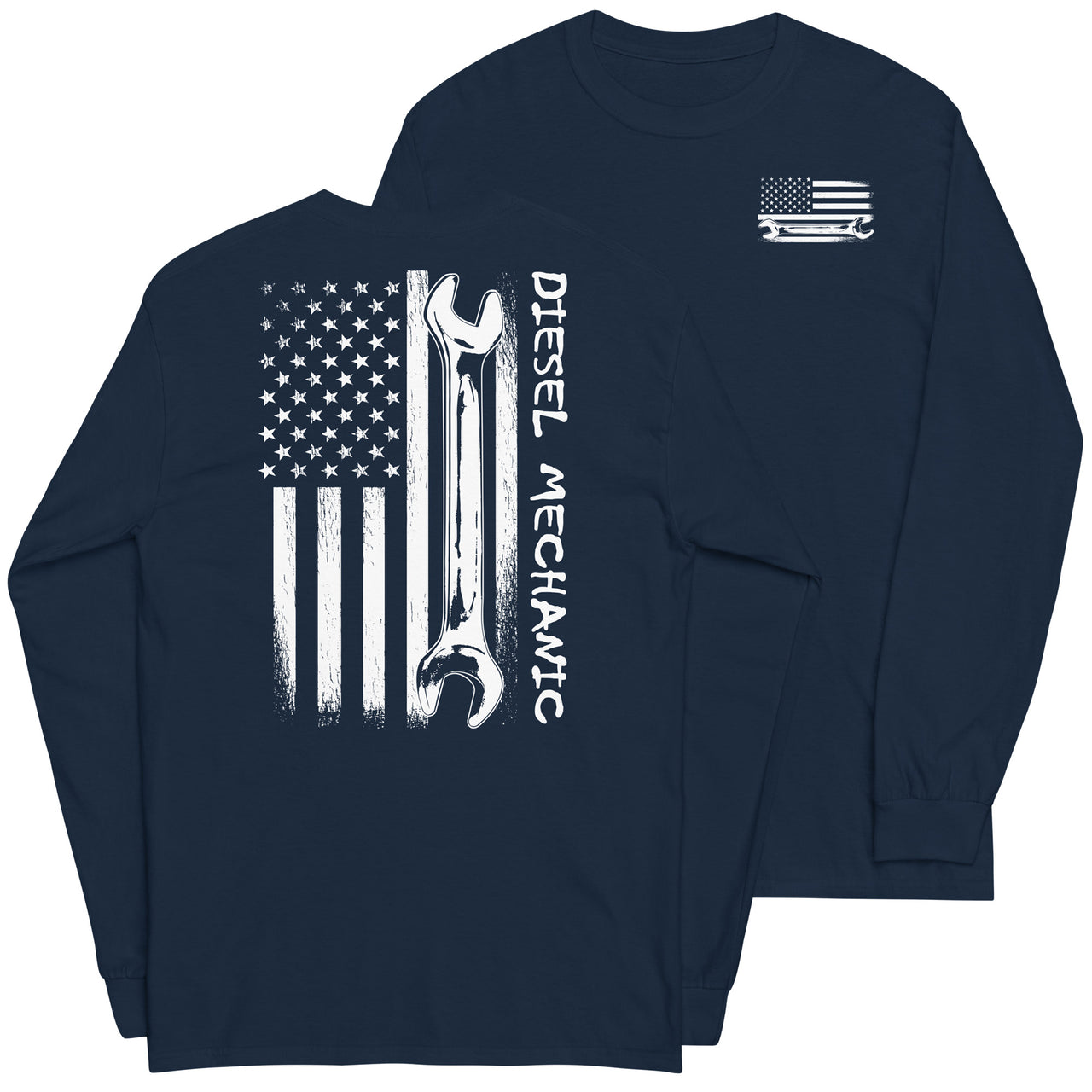 Diesel Mechanic American Flag Long Sleeve T-Shirt in navy