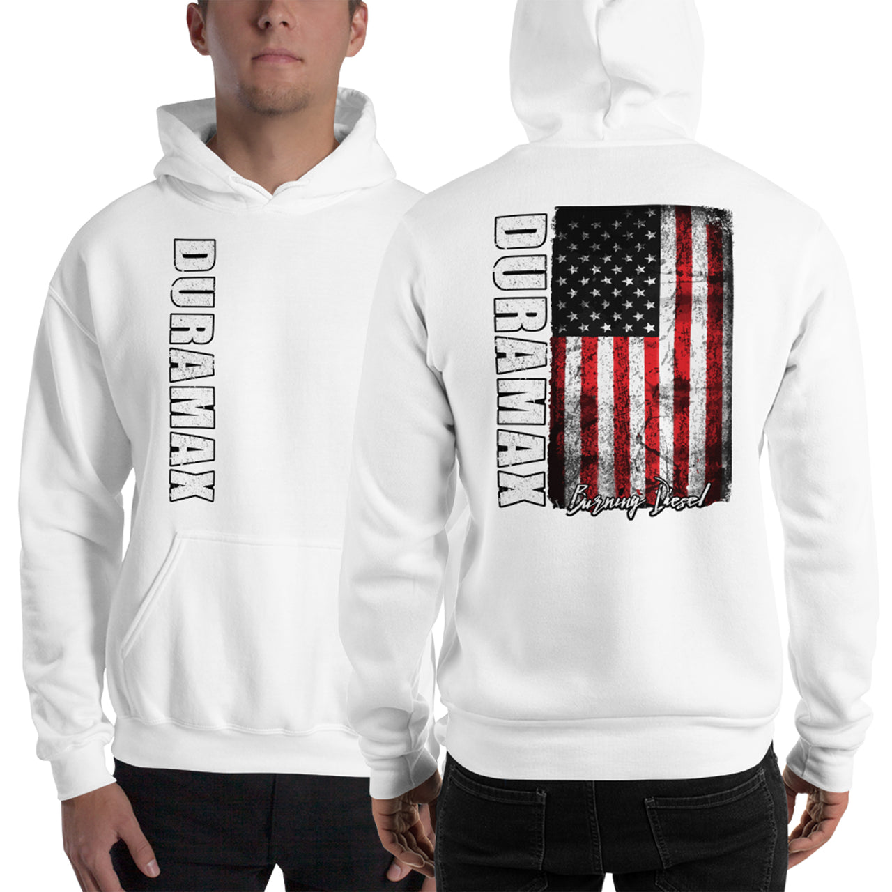 Duramax American Flag Hoodie, Patriotic Diesel Truck Sweatshirt-In-White-From Aggressive Thread