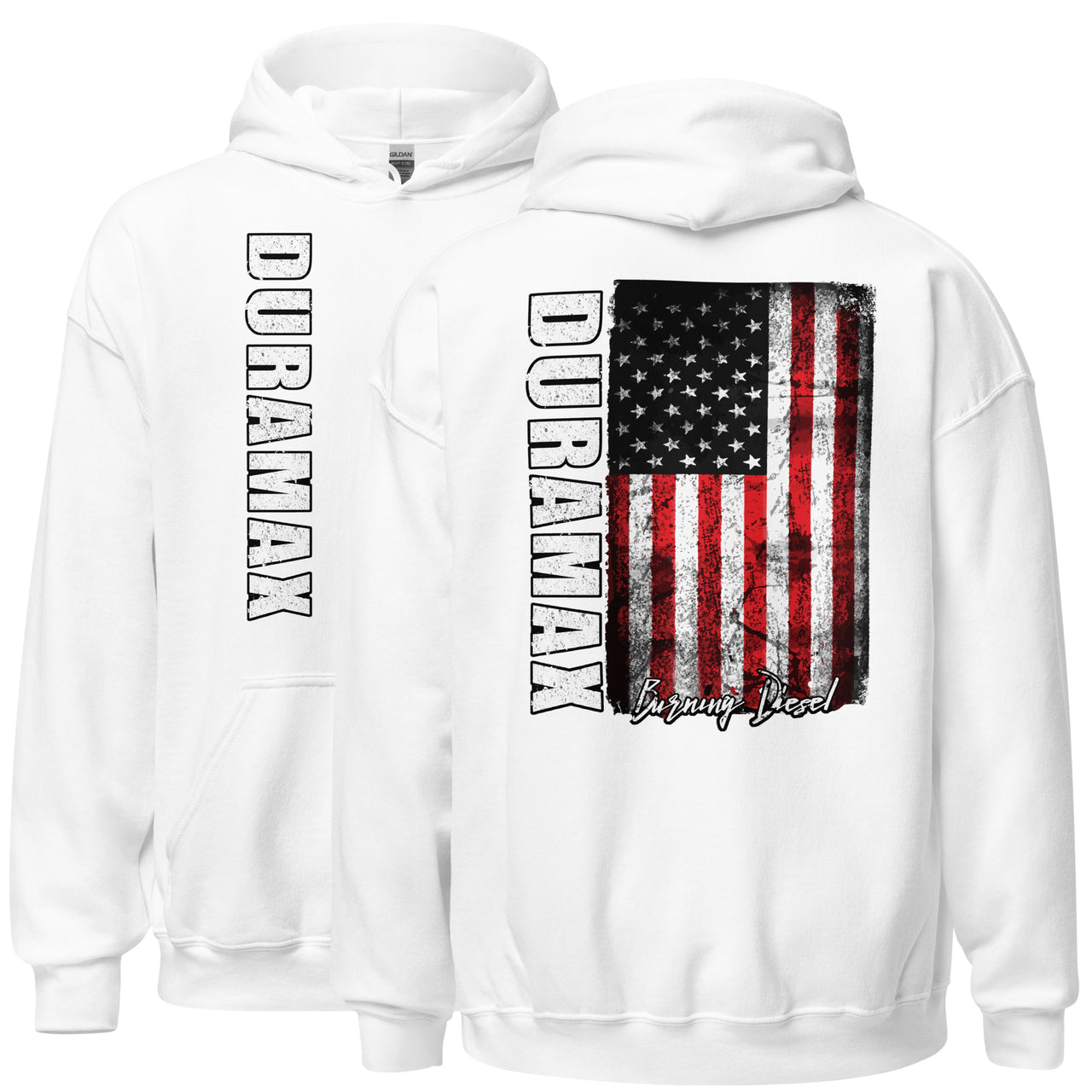 Duramax American Flag Hoodie, Patriotic Diesel Truck Sweatshirt-In-White-From Aggressive Thread