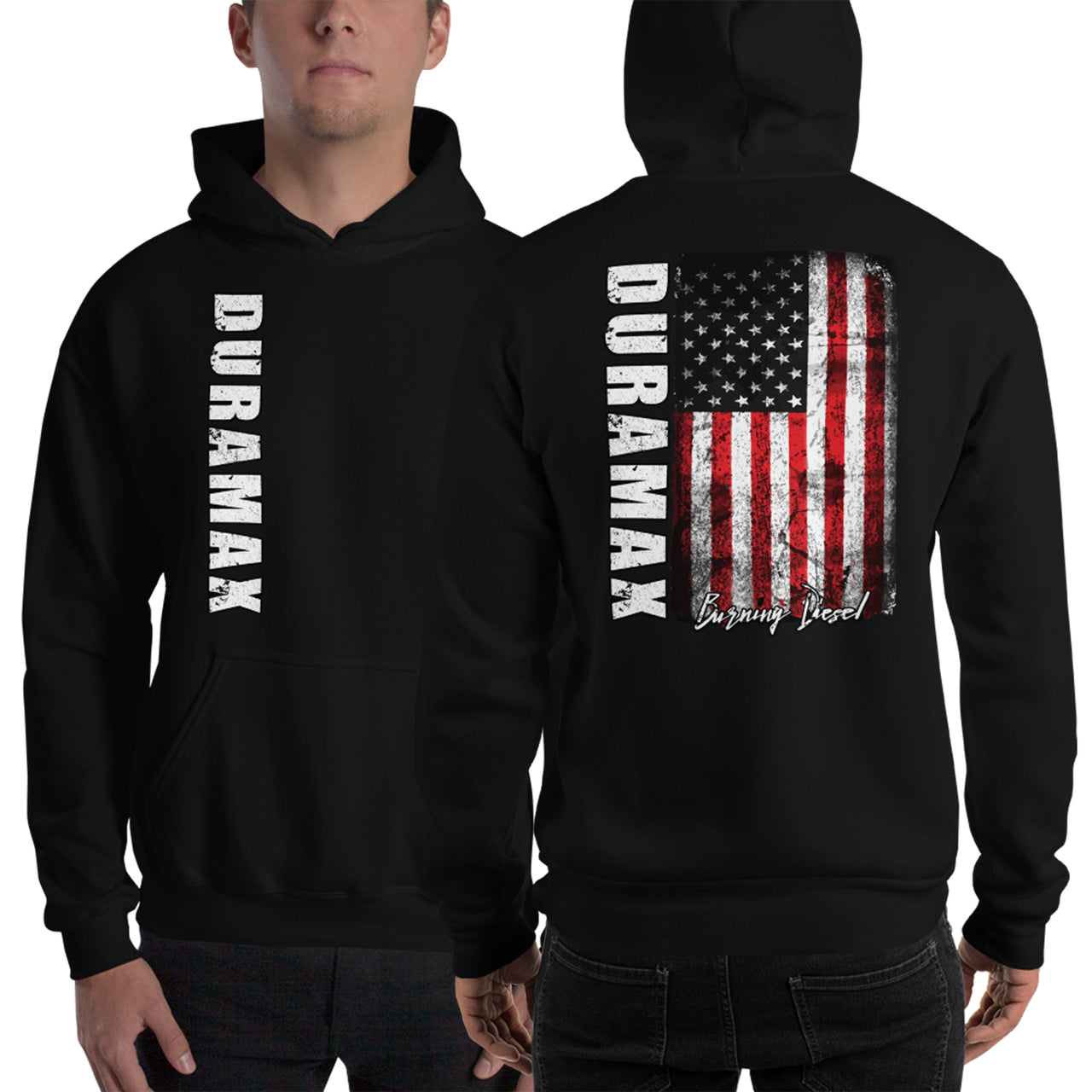 Duramax American Flag Hoodie, Patriotic Diesel Truck Sweatshirt-In-White-From Aggressive Thread