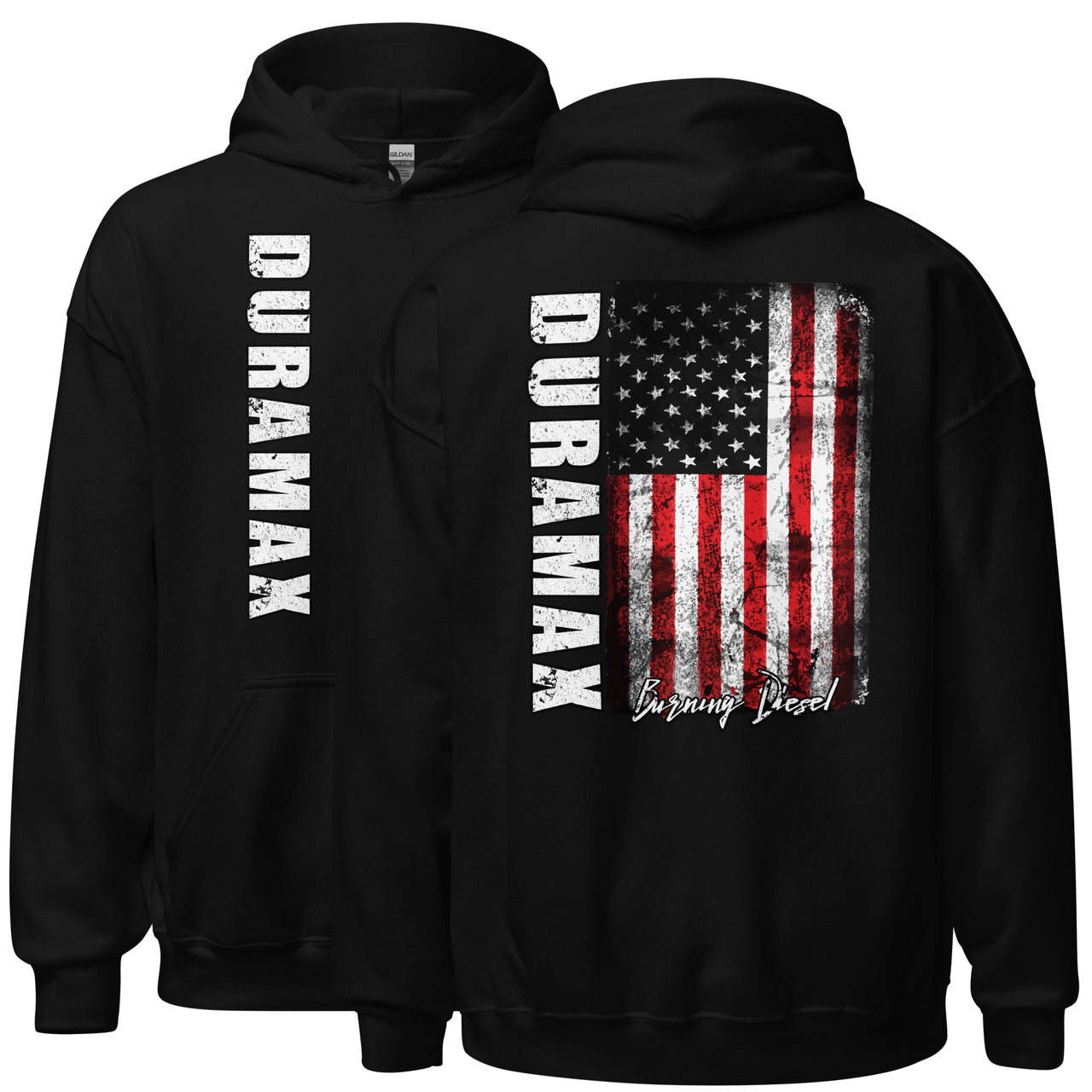 Duramax American Flag Hoodie, Patriotic Diesel Truck Sweatshirt-In-Black-From Aggressive Thread