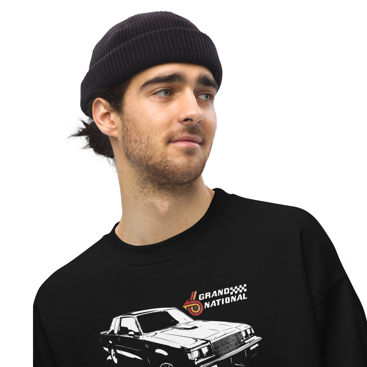 Grand National Crew Neck Sweatshirt modeled in black