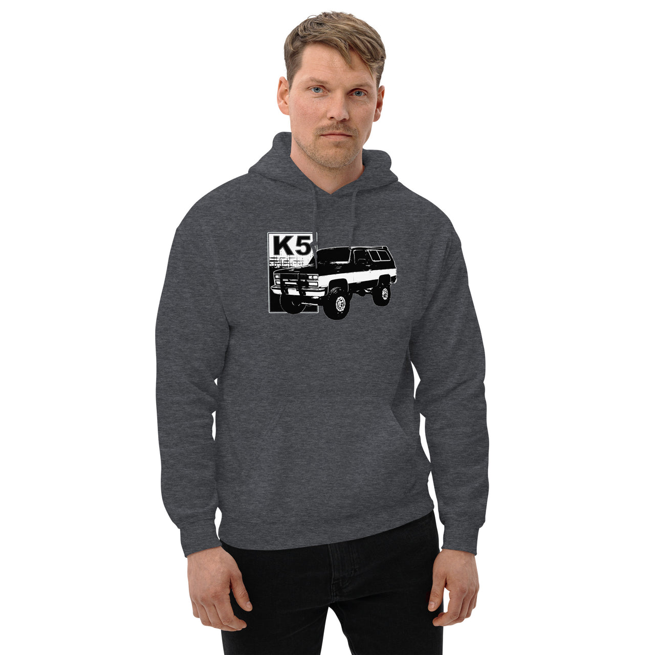 Square Body K5 Blazer Hoodie modeled in grey