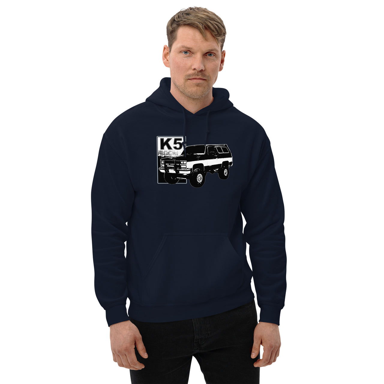 Square Body K5 Blazer Hoodie modeled in navy