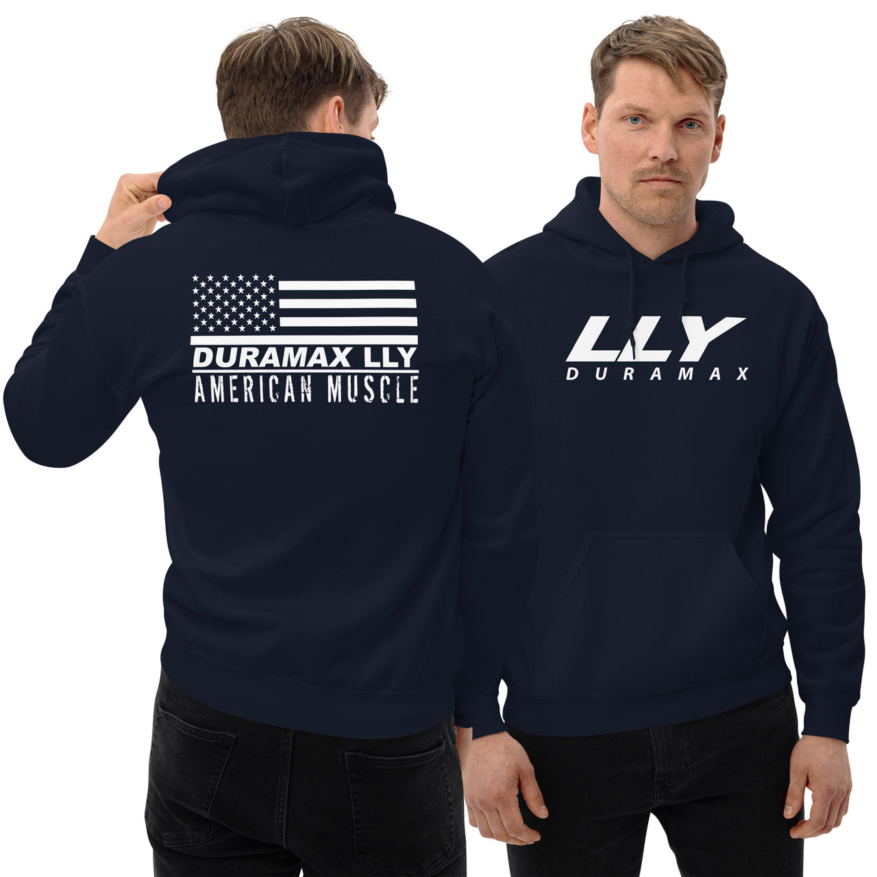 Man wearing LLY Duramax Sweatshirt Hoodie