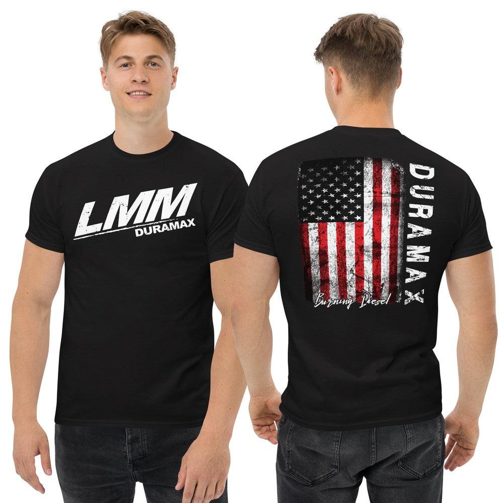 LMM Duramax T-Shirt Diesel Truck Shirt With American Flag Design modeled in black