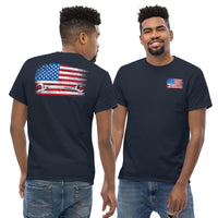 Thumbnail for Mechanic T-Shirt American Flag Wrench Design modeled in navy
