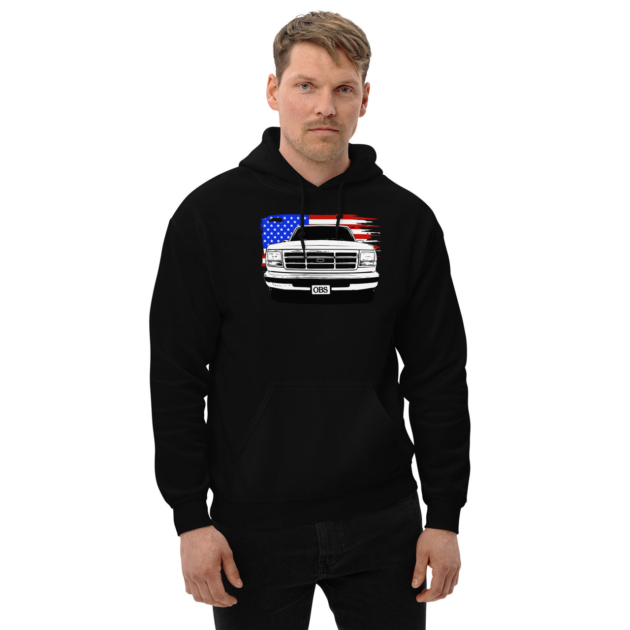 OBS Truck Hoodie with American Flag design modeled in black
