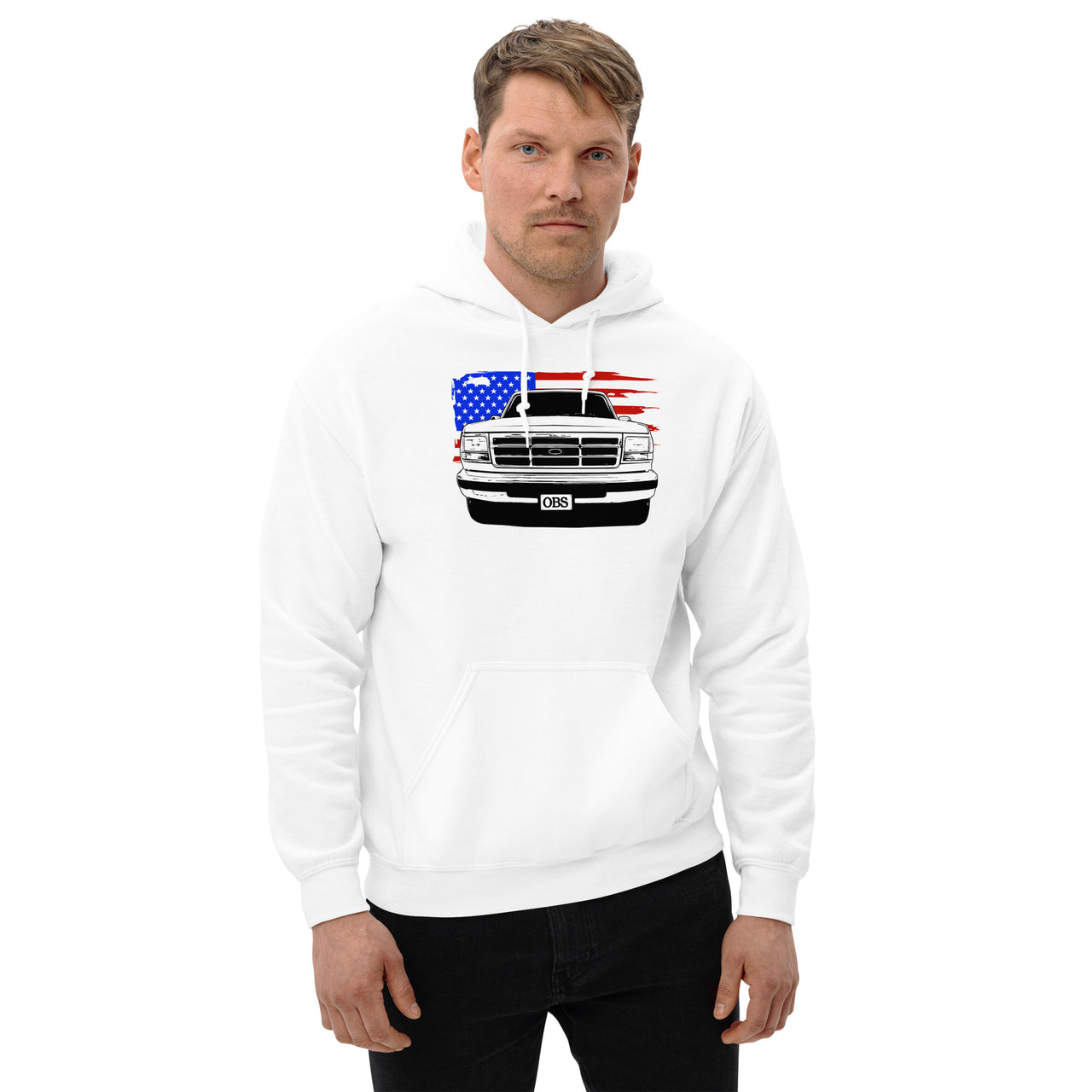 OBS Truck Hoodie with American Flag design modeled in white