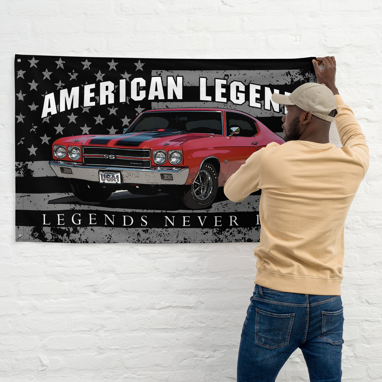 Man hanging 1970 Chevelle Garage Banner Wall Flag
