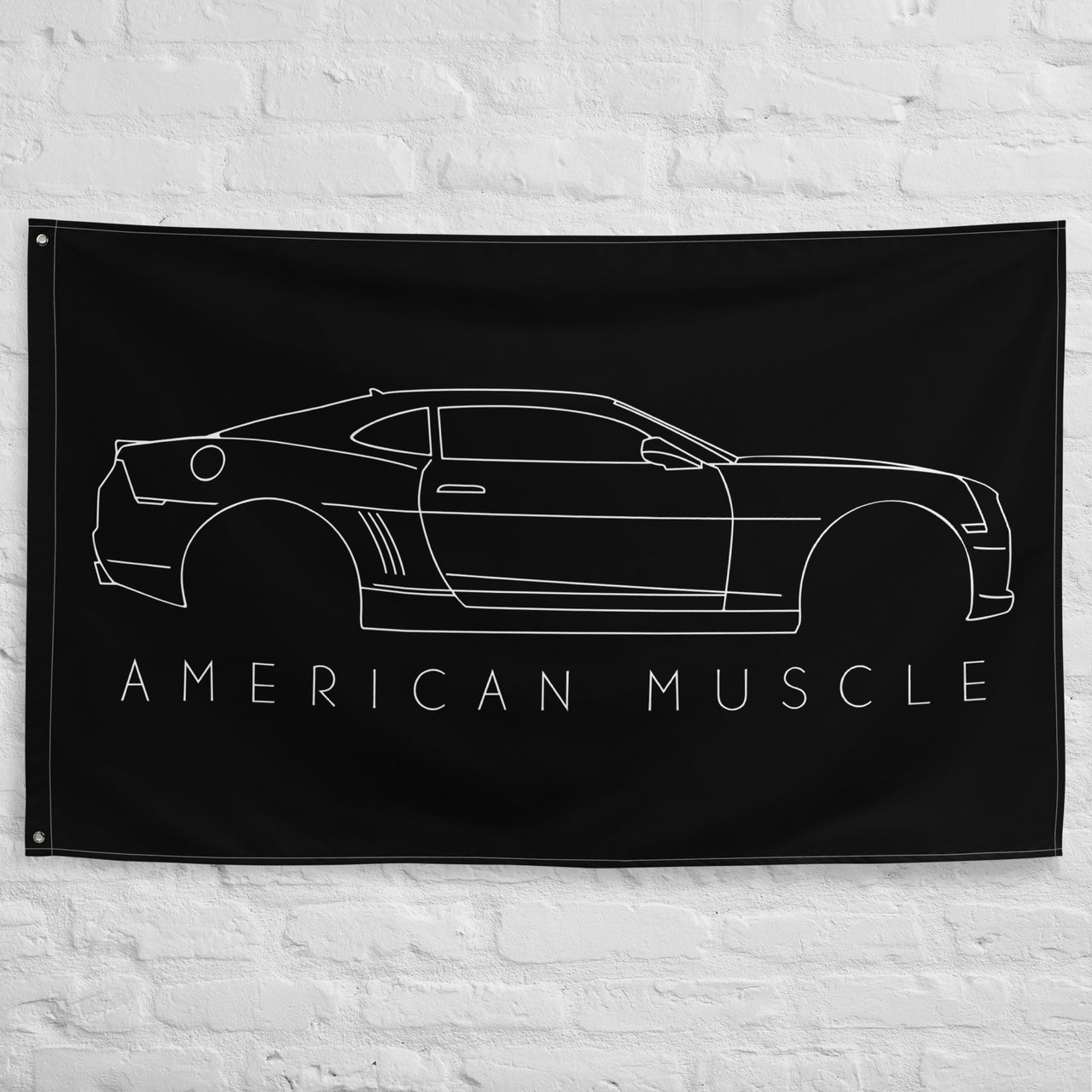 5th Gen Camaro Line Art Wall Flag hanging on a brick wall