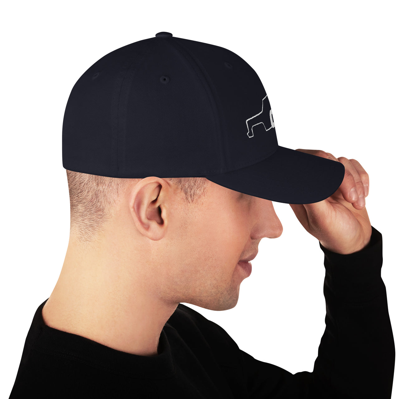 Square Body C10 Truck Flexfit Hat modeled in navy