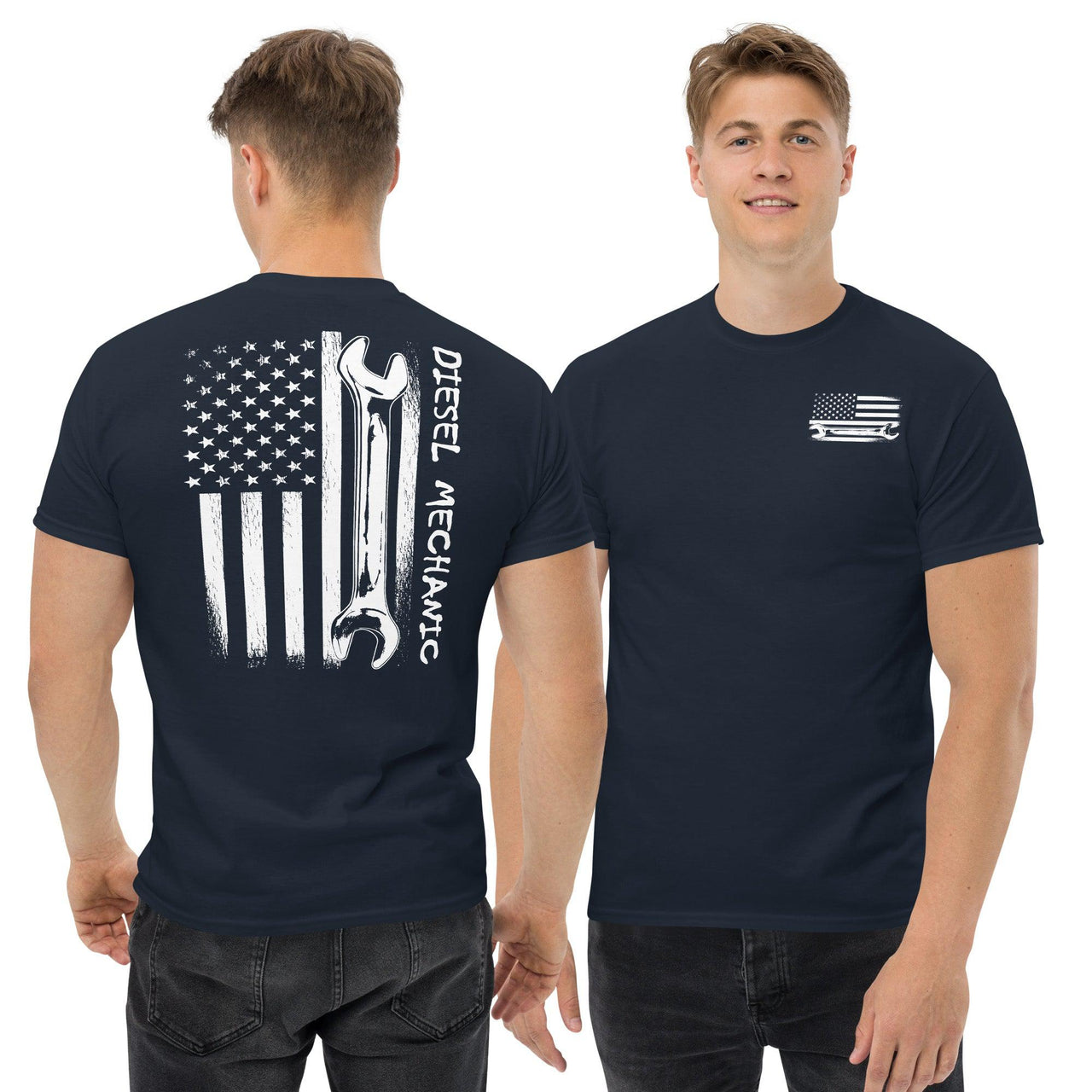 Diesel Mechanic American Flag T-Shirt modeled in navy