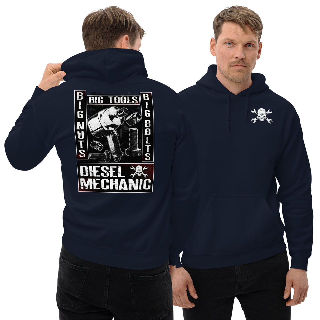 Diesel Mechanic Big Tools Hoodie Sweatshirt modeled in navy