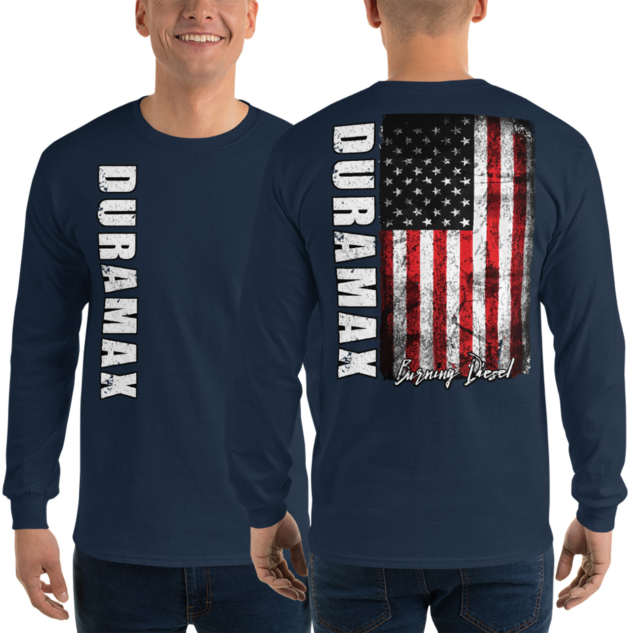 Duramax Shirt With American Flag Design Mens Long Sleeve T-Shirt modeled in navy