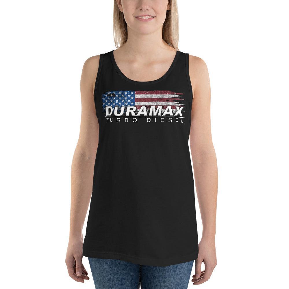 Duramax Tank Top Patriotic Shirt modeled in black on woman