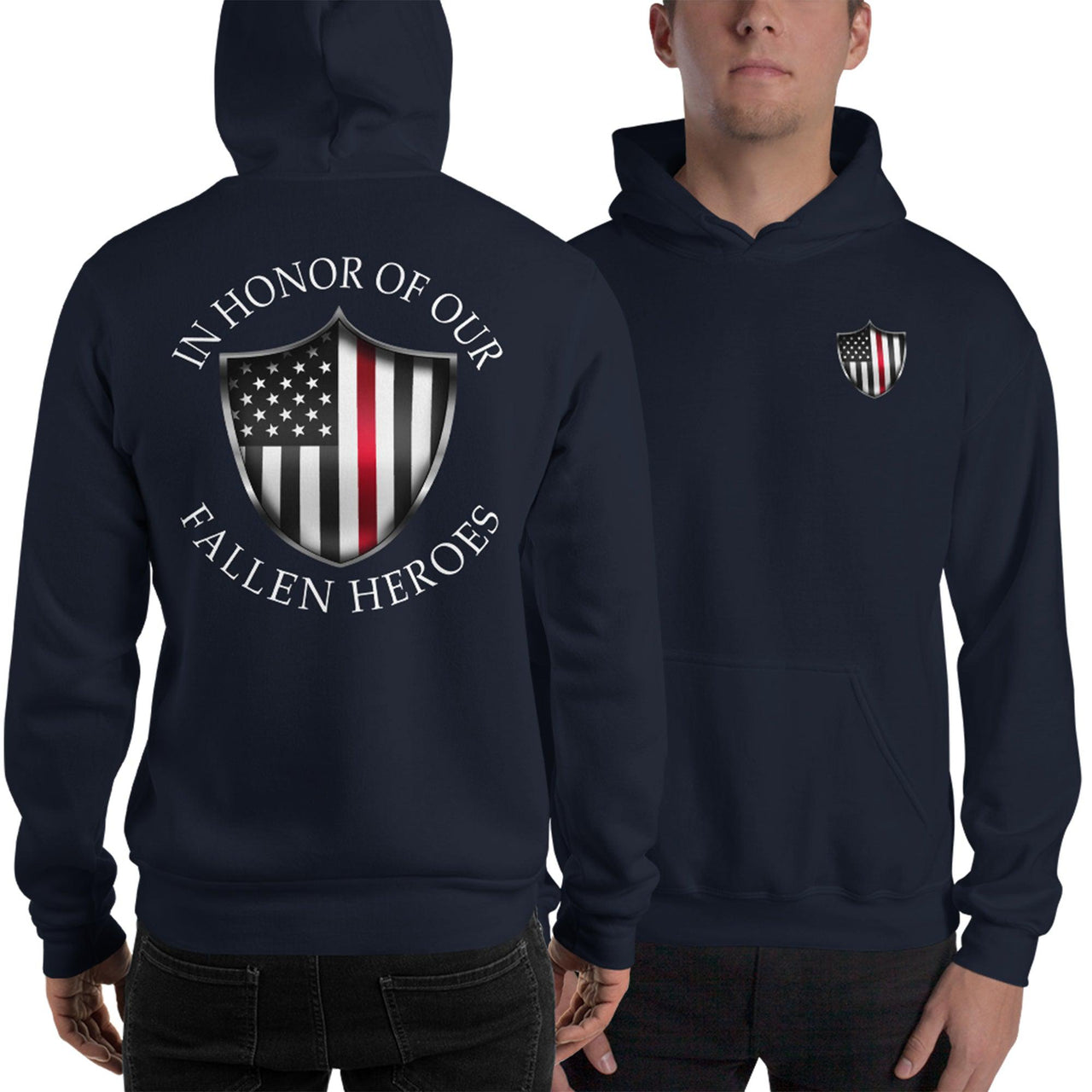 Fireman Redline Hoodie modeled in navy
